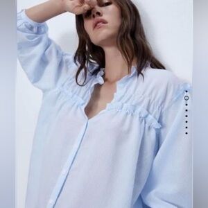ZARA poplin pinstripe blue ruffle blouse